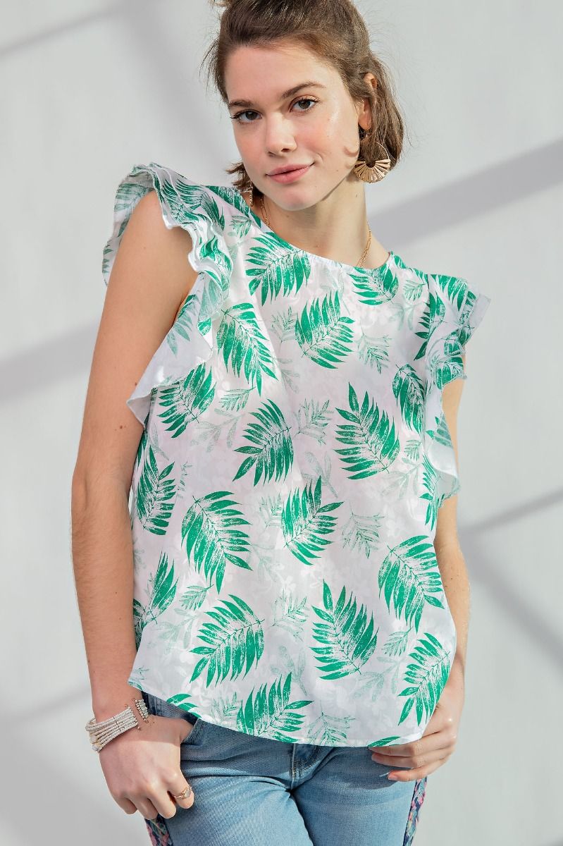 Tropical Leaf Printed Voile Ruffle Cap Sleeve Top by Easel Clothing
