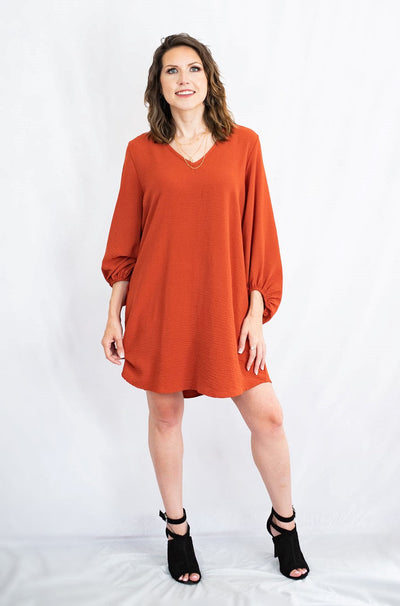 V-Neck Bubble Sleeve Shift Dress by Jodifl Clothing
