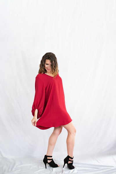 V-Neck Bubble Sleeve Shift Dress by Jodifl Clothing