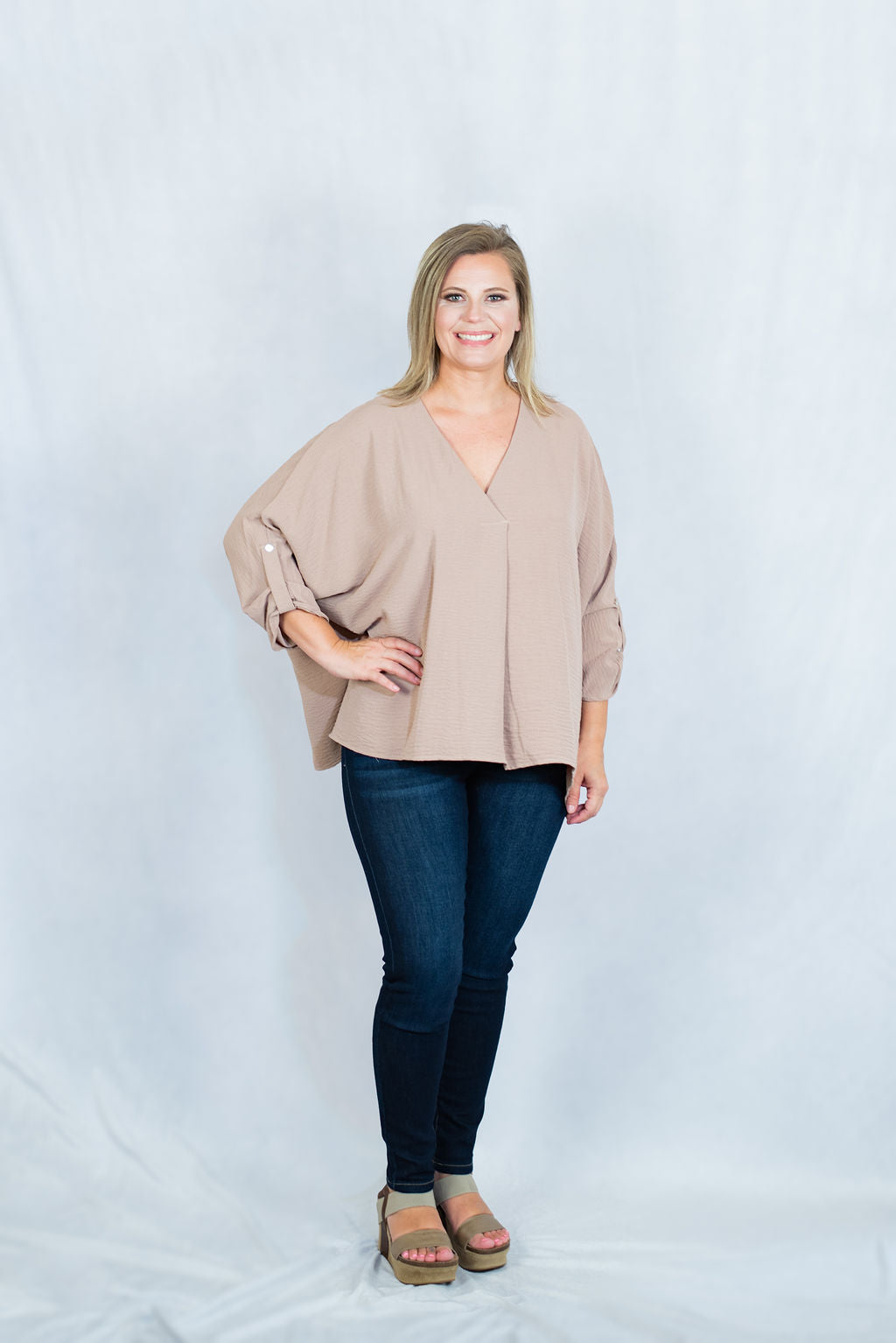 V-Neck Half Sleeve Blouse with Placket Detail by Entro Clothing