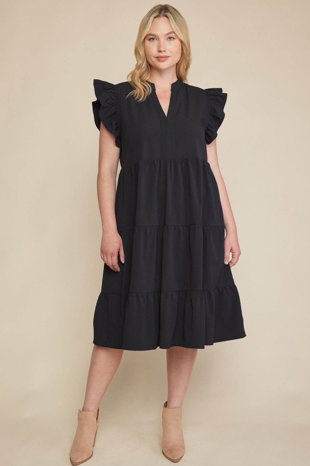 V-Neck Ruffle Sleeve Tiered Midi Dress with Pockets in Plus Size by Entro Clothing