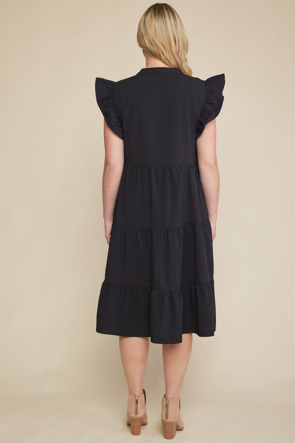 Entro Plus Size V-Neck Ruffle Sleeve Tiered Midi Dress with Pockets