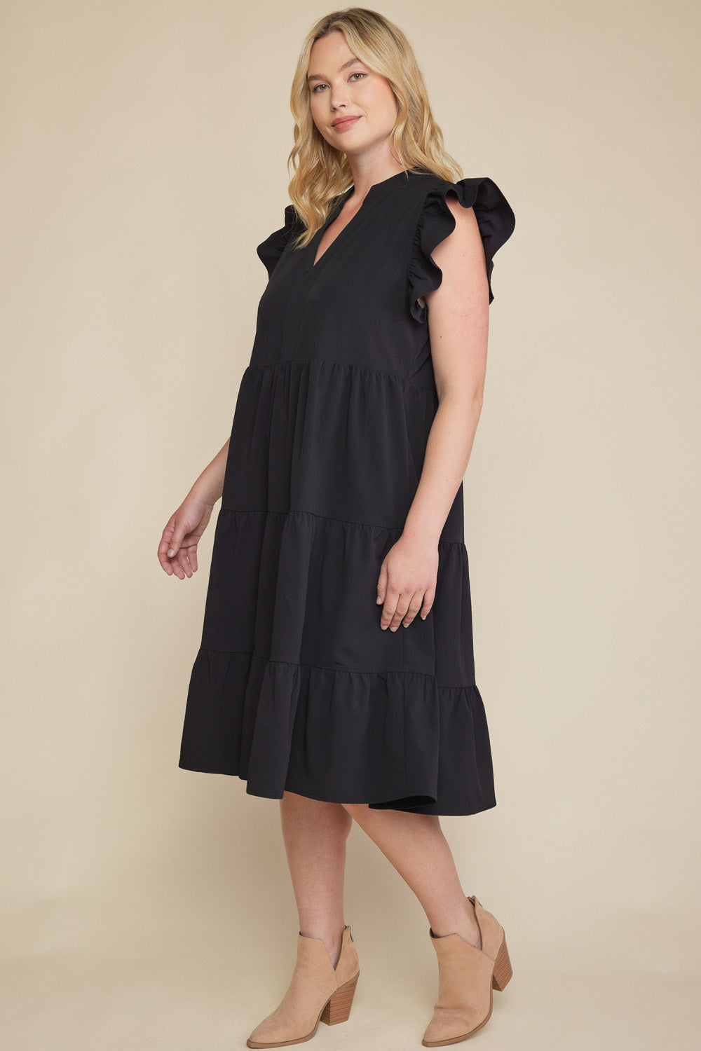 Entro Plus Size V-Neck Ruffle Sleeve Tiered Midi Dress with Pockets