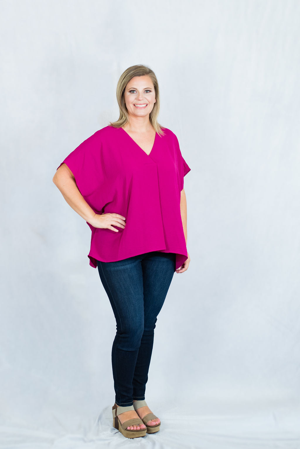 V-Neck Short Sleeve Blouse with Placket Detail by Entro Clothing