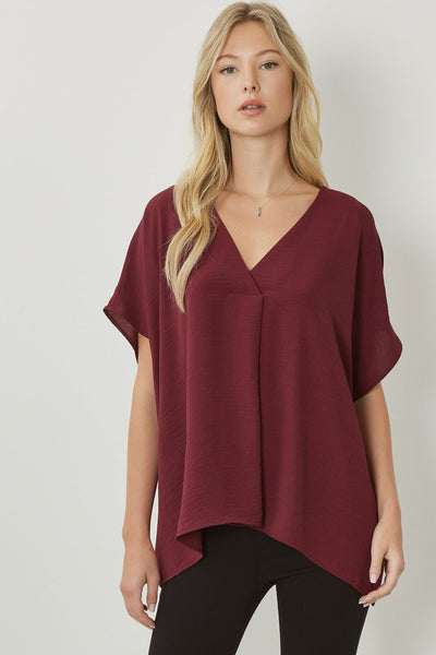 V-Neck Short Sleeve Blouse with Placket Detail by Entro Clothing