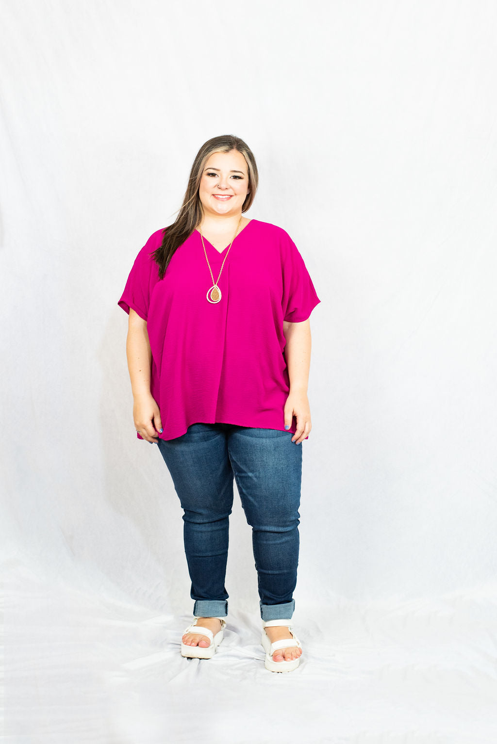 V-Neck Short Sleeve Blouse with Placket Detail in Plus Size by Entro Clothing