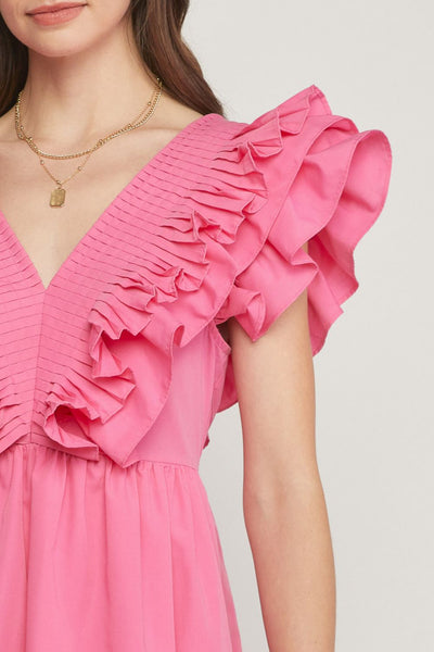 VNeck Ruffle Mini Dress with Pleated Detailing by Entro Clothing