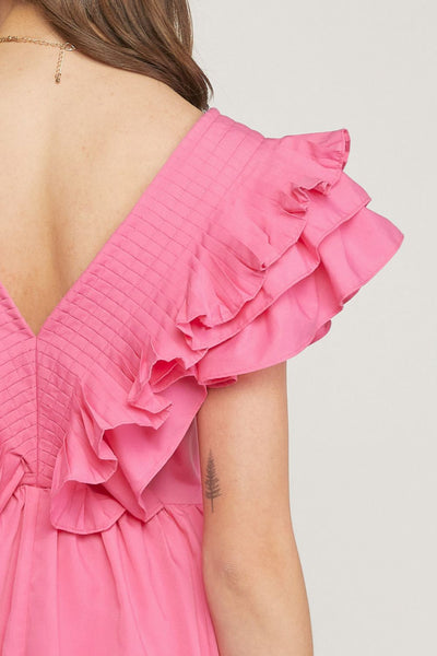 VNeck Ruffle Mini Dress with Pleated Detailing by Entro Clothing