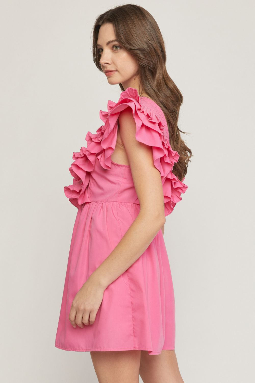 VNeck Ruffle Mini Dress with Pleated Detailing by Entro Clothing