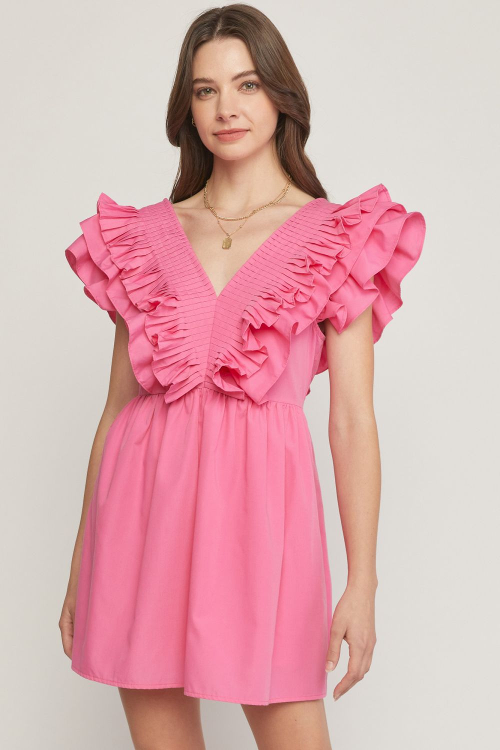 VNeck Ruffle Mini Dress with Pleated Detailing by Entro Clothing